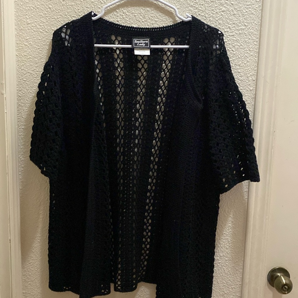 Southern Lady Black Crochet Knit Short Sleeve Cardigan Sweater Popover size 1X